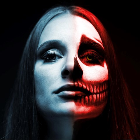 Bilden visar en ansiktet på en kvinna som är dödskallesminkad i halva ansiktet